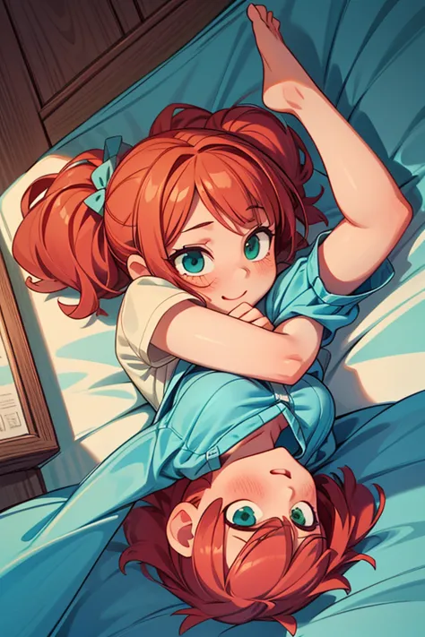 (masterpiece, best quality), girl and boy hugged and kissing, falling in love, 1 girl lying on bed, hugged a boy, intricate detail, sunlight, aqua blue blouse, pink short skirt, long orange hair, aquamarine eyes, smiley and sexy expression, sexy pose, coqu...