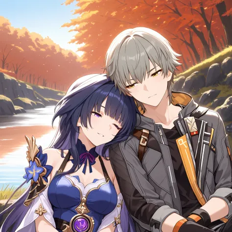 Love couple, Caelus Honkai Star Rail and Raiden Mei, leaning on each other, river in background, masterpiece, best quality, High resolution 