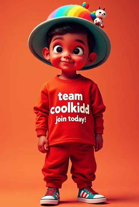 make a red skinned  boy with a all red shirt with the text "Team c00lkidd join today!" writen over the chest, and all red long pants with a rainbow hat a mini toy on top of it