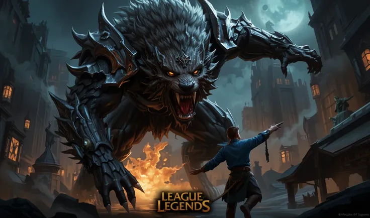 A giant werewolf attacks a person in a dark city,  League of Legends concept map, Riot Games 概念图, painted portrait of mordekaiser,  Splash Art , league of legends  Splash Art , League of Legends illustration ,  League of Legends characters art, official  S...