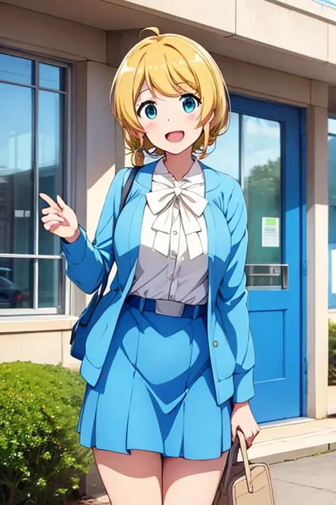 Ellen Baker in light blue clothes greeting students at the entrance of the school