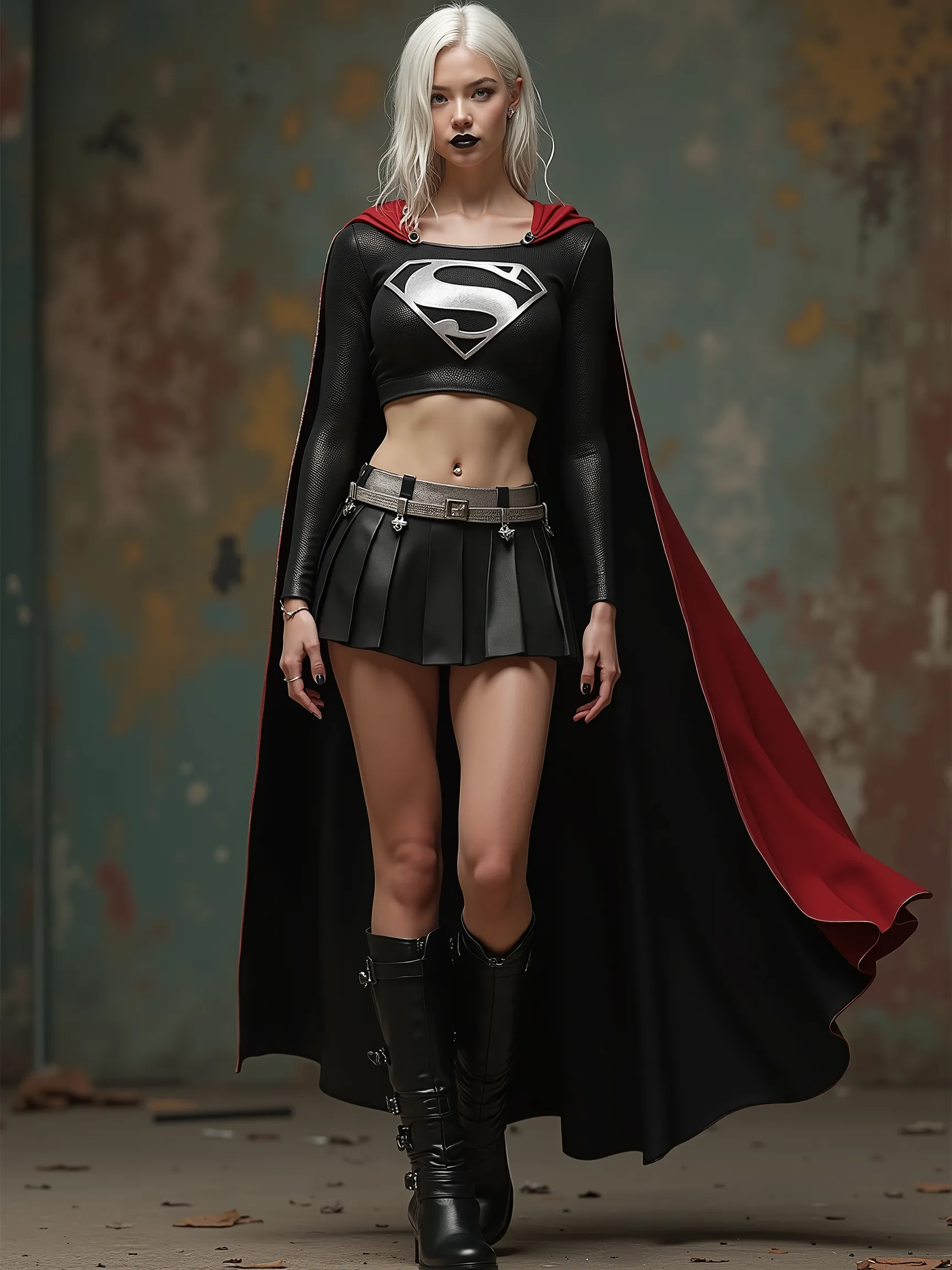 A FULL BODY VIEW OF A SEXY BUSTY AGE GIRL WITH GORGEOUS GREEN EYES AND MEDIUM-LENGTH MESSY BLACK HAIR,  WEARING A SHINY BLACK SPANDEX LONG SLEEVE SUPERGIRL CROP =TOP WITH A METALLIC SILVER "S"  emblem on the chest ,  A SHORT BLACK PLEATED SKIRT WITH A SILV...