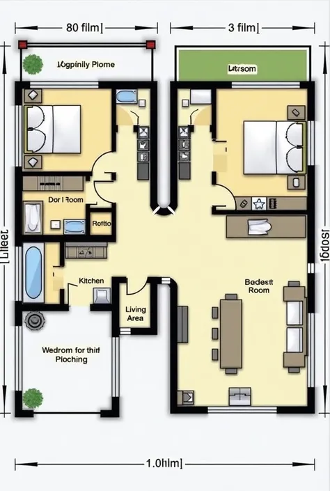 Make me a Floor Plan of a two storey building with following specs: 
1. Atleast 1 Bedroom
2. Atleast 1 kitchen area
3. Atleast 1 Living Room 
4. Atleast 1 Garage 
5. Atleast 1 Bathroom/Comfort room per floor
6. Minimum of foot print area = 250 SQ meter
7. ...