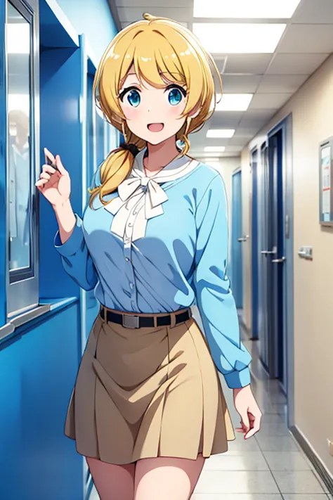 Ellen Baker in light blue clothes greeting students in the school hallway