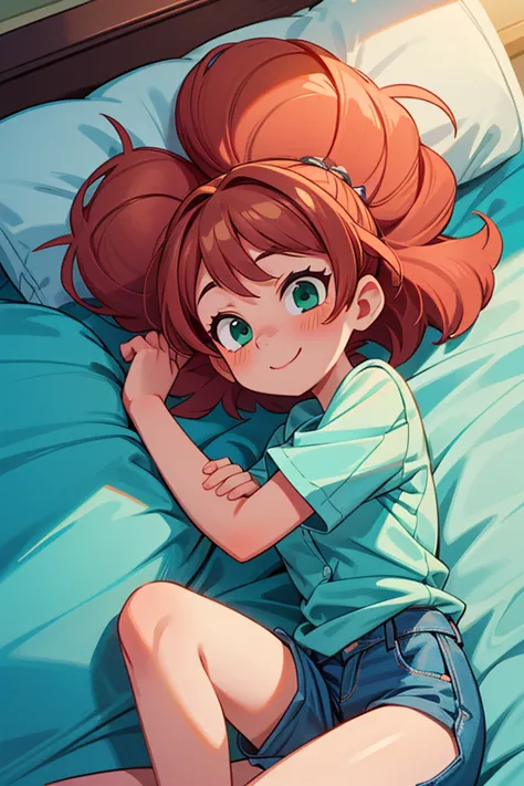 (masterpiece, best quality, bribant contrast colors), 1 girl lying on bed, hugged a boy, intricate detail, sunlight, aqua blue blouse, pink short skirt, long orange hair, aquamarine eyes, smiley and sexy expression, sexy pose, coquette, gorgeous legs, matu...