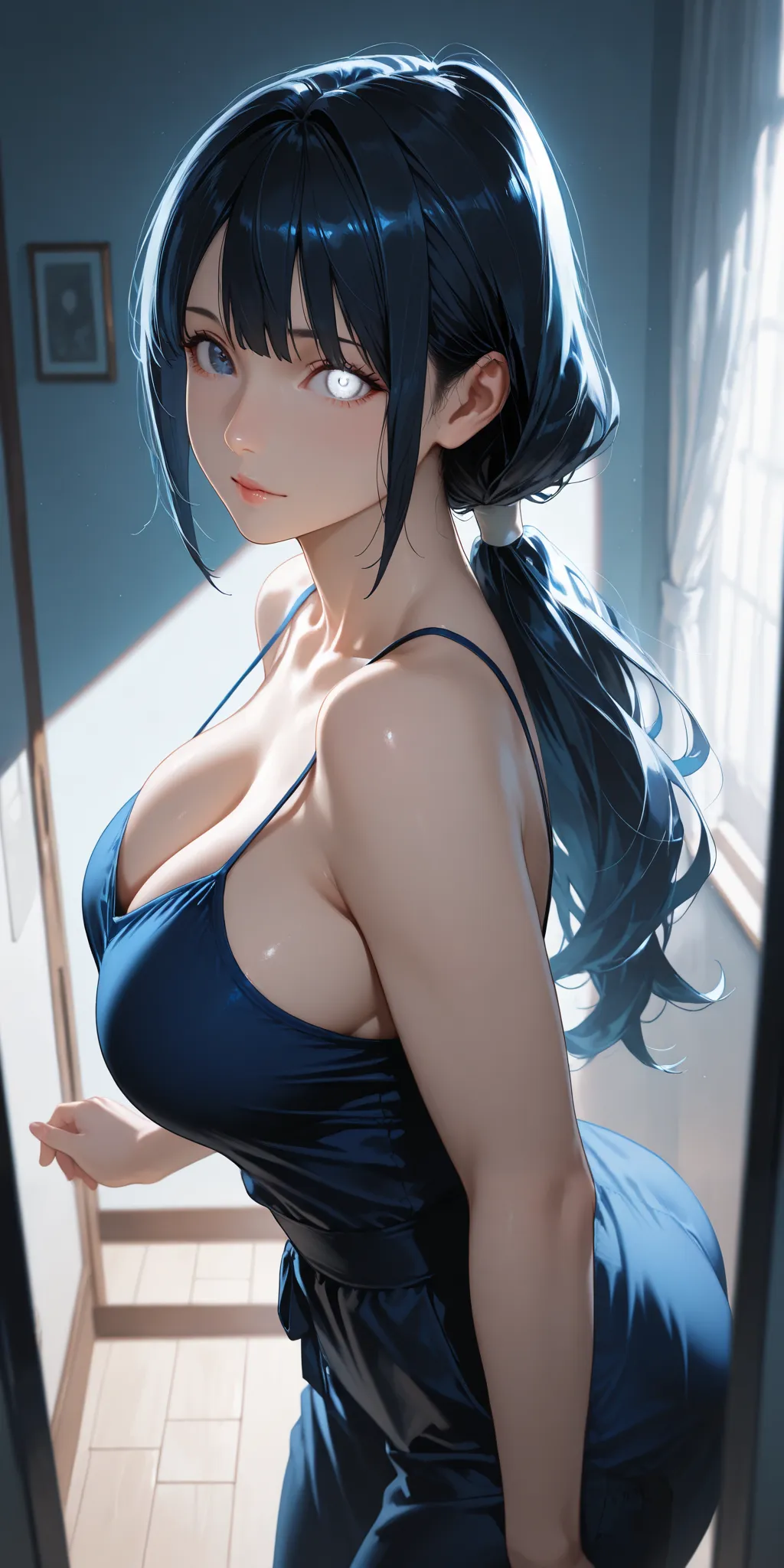 Masterpiece, newest, high contrast, high quality, ultra HD,very aesthetic, vibrant, mature female, hinata hyuga, high ponytail long hair, black hair color, white eye color, camisole, perfect breast, upper body, ultra detailed, highres, best quality, home, ...