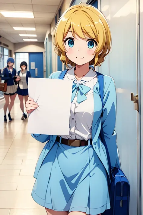 Ellen Baker in light blue clothes holding documents greeting students in the school hallway