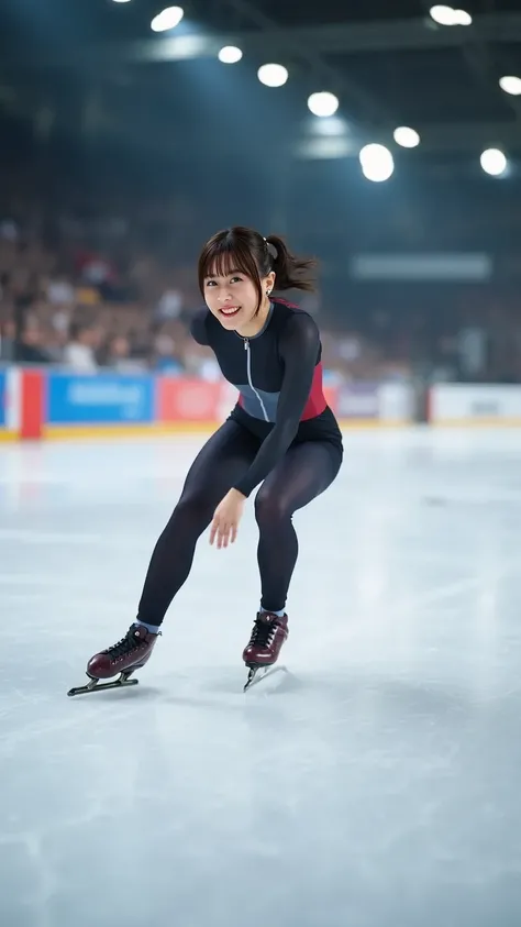 "A powerful and dynamic scene of a female speed skater gliding swiftly across the ice rink. The athlete is in a low, aerodynamic position, with one leg extended forward and the other pushing off the ice. The skater's body is streamlined, emphasizing her sp...