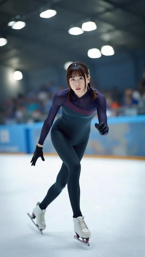 "A powerful and dynamic scene of a female speed skater gliding swiftly across the ice rink. The athlete is in a low, aerodynamic position, with one leg extended forward and the other pushing off the ice. The skater's body is streamlined, emphasizing her sp...