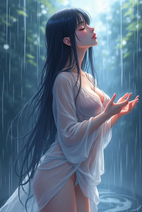  Bathing in the Rain　Beautiful long-haired dark-haired high school student with big breasts　My face is wet and I feel the rain as if I'm crying while closing my eyes and looking up　The wet shirt is see-through and underwear is visible　 mini skirt　 anime pi...