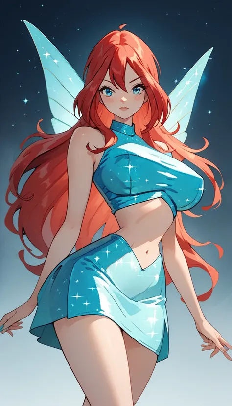 Bloom from winx, anime style, red hair, long hair, blue eyes, small waist, huge breast, blush, sexy, long legs, blue sparkling top, blue skirt, fairy wings, portrait