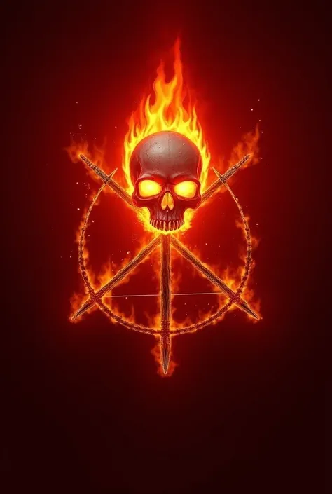 The logo has a background of deep red, the colour of fresh blood, and placed in the center of it is a skull covered in a bright red flame. Two weapons, a bow and a sword, are crossed behind the skull, looking like the flames are licking around them. The lo...