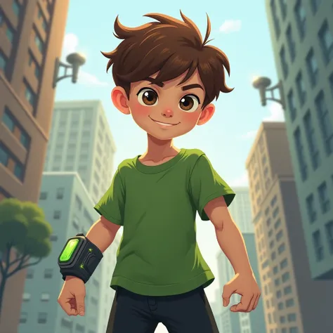 Create an image of a young boy with short brown hair, wearing a green t-shirt and black pants. He has a watch-like device on his wrist that looks futuristic and glowing. The boy has a confident expression and stands in a dynamic pose as if ready for action...