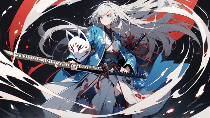 A cool yet cute, rock-inspired woman with a samurai touch. She holds a shamisen, her long silver hair flowing like moonlight. Her face is fully hidden behind a fox mask, with glowing blue eyes faintly visible. Dressed in a white and blue kimono with a slee...