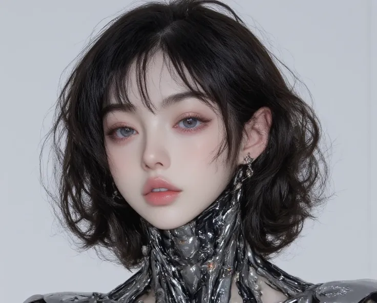 , a semi-mammal girl, semi-robot (Chayborg) Height about 200 cm. Weight 74 kg . Robot girl with dark teary hair. The wavy hairstyle is lightly curled, leaving a natural look, it looks voluminous. The front hairstyle has some combed hair down to add dimensi...