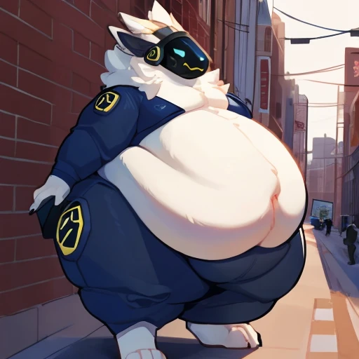 by bigcozyorca, by goonie-san, by bebebebebe, by spikedmauler, male, 1male, solo, breasts, city street background, protogen, protogen face, protogen visor, staring down viewer, police uniform clothes, long sleeve button up, dress pants, (morbidly obese:1.7...