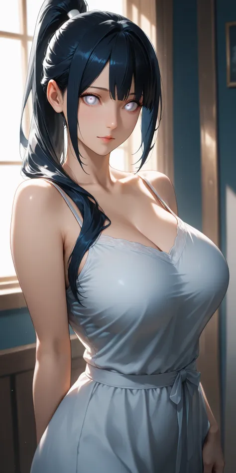 Masterpiece, newest, high contrast, high quality, ultra HD,very aesthetic, vibrant, mature female, hinata hyuga, high ponytail long hair, black hair color, white eye color, camisole, perfect breast, upper body, ultra detailed, highres, best quality, home, ...