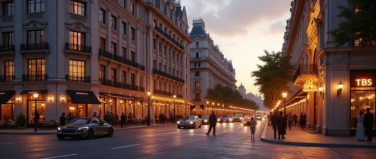 A hyper-realistic, high-resolution digital image of a grand European-style boulevard at twilight. Majestic, historic buildings with intricate facades line the wide avenue, their large windows reflecting the warm glow of ornate street lamps. The sidewalks a...