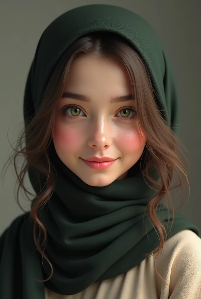 One white girl, age 18, long hair brown and black, eyes green, lips small, jawline perfectly, wear dress hijab, she smile, weigh 50 to 55 kg, height 5.5 to 6.0