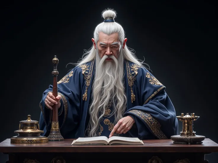 Long white hair，Podium of the head of the court,  Court of Judgment, Wear a Bao Bun Jin Hat,  Medium Table, hair tie , Long white hair and beard , White-haired god,  long white beard ,  Taoism ,  long white hair รายละเอียด,  long white hair ,  Cloud-white ...