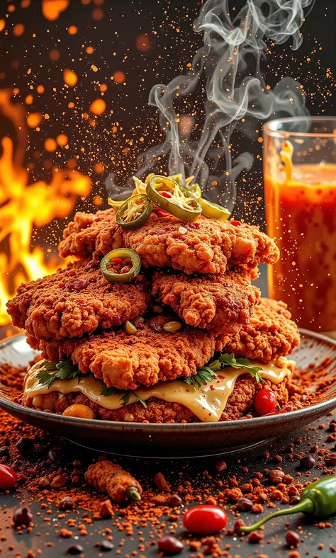 A high-quality commercial art photograph of an ultra-spicy creation featuring two crispy fried chicken fillets as the base, coated in an intense, fiery red blend of cayenne, ghost pepper, and paprika. The chicken’s deep red, almost glowing crust is covered...