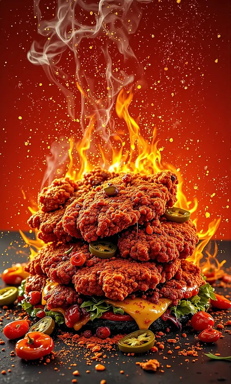 A high-quality commercial art photograph of an ultra-spicy creation featuring two crispy fried chicken fillets as the base, coated in an intense, fiery red blend of cayenne, ghost pepper, and paprika. The chicken’s deep red, almost glowing crust is covered...