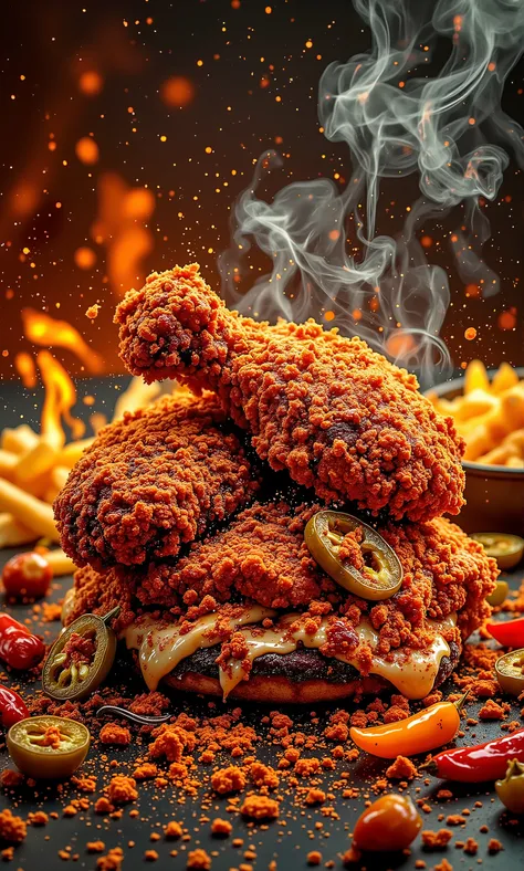 A high-quality commercial art photograph of an ultra-spicy creation featuring two crispy fried chicken fillets as the base, coated in a glowing red blend of cayenne, ghost pepper, and paprika for maximum spice. The chicken’s deep red, almost fiery crust is...