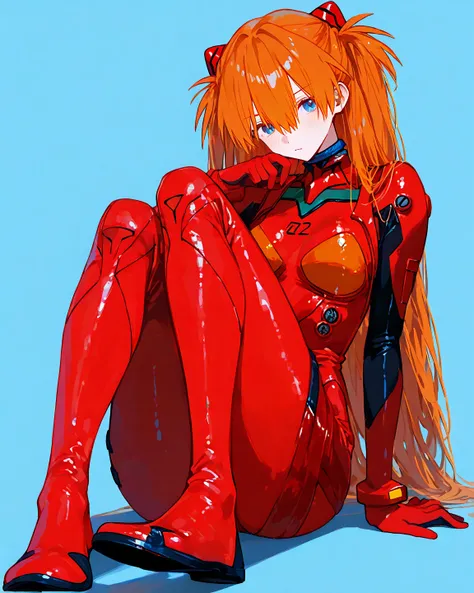   8k Wallpaper、   masterpiece、    top quality  、   Photo Quality 、  high detail、 absurd,     latest、  Shikinami Asuka Langley 、   orange hair、       blue eyes、         red plug suit(Plug suit from neck to foot ) 、   Light blue background     、       cute b...