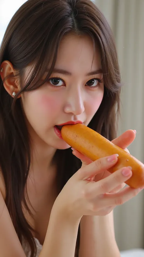  A high resolution photograph of a Japanese woman in mini dress with long hair on knees. She thrusts a thick corn-dog in hand deep into her mouth. She is pushing and pulling the thick corn-dog deep into mouth. She looks at the viewer with a painful express...