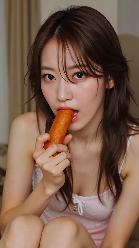  A high resolution photograph of a Japanese woman in mini dress with long hair on knees. She thrusts a thick corn-dog in hand deep into her mouth. She is pushing and pulling the thick corn-dog deep into mouth. She looks at the viewer with a painful express...