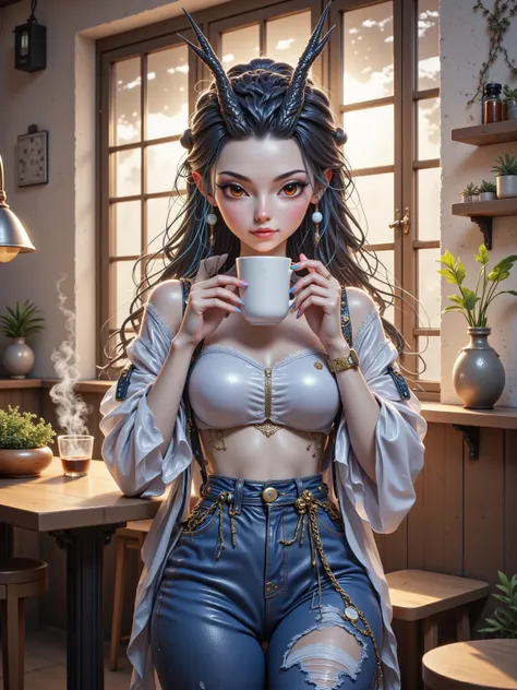 A serene beautiful woman sipping coffee in a rustic café, golden-hour sunlight, soft bokeh,  steam swirls, 8K resolution, ultra-detailed textures, cinematic warmth, taken on Sony A7 III with 35mm f/1.4 lens, style blend of Agnes Cecile watercolor and moder...