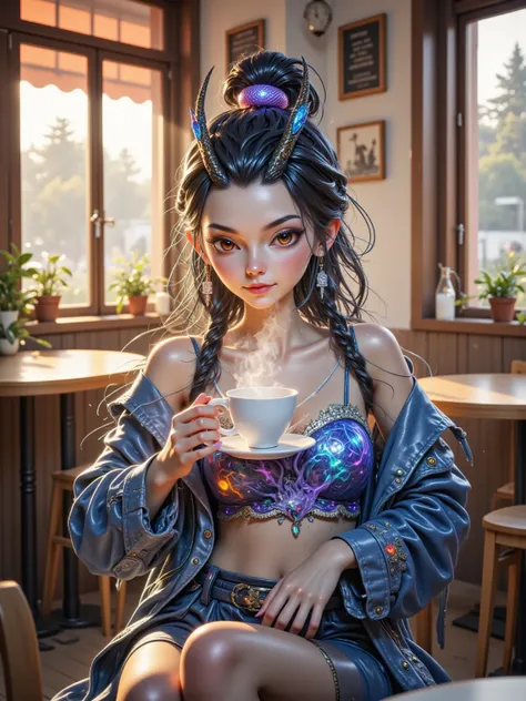 A serene beautiful woman sipping coffee in a rustic café, golden-hour sunlight, soft bokeh,  steam swirls, 8K resolution, ultra-detailed textures, cinematic warmth, taken on Sony A7 III with 35mm f/1.4 lens, style blend of Agnes Cecile watercolor and moder...