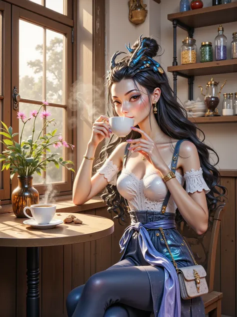 A serene beautiful woman sipping coffee in a rustic café, golden-hour sunlight, soft bokeh,  steam swirls, 8K resolution, ultra-detailed textures, cinematic warmth, taken on Sony A7 III with 35mm f/1.4 lens, style blend of Agnes Cecile watercolor and moder...