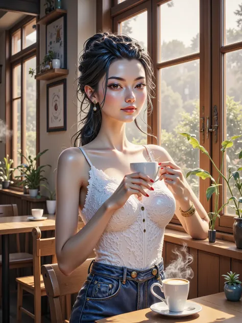 A serene beautiful woman sipping coffee in a rustic café, golden-hour sunlight, soft bokeh,  steam swirls, 8K resolution, ultra-detailed textures, cinematic warmth, taken on Sony A7 III with 35mm f/1.4 lens, style blend of Agnes Cecile watercolor and moder...