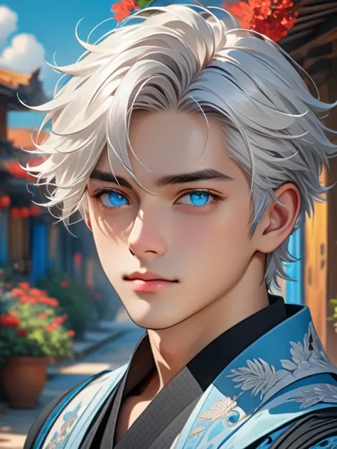 boy, handsome face, (face detail), white hair, (hair detail), light blue eyes, (ultra eye detail), cool style, (clothes detail), (body detail), charming gaze, artistic background, (background detail), (make clear and nice picture), (make 4k and 8k picture)...