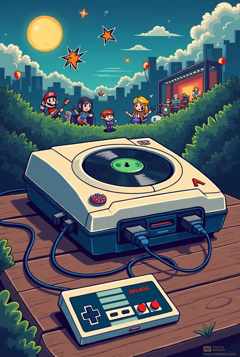 Got it! Let’s combine your interests in **video games** and **music** into a creative drawi

---

**Description of the Drawing:**

1. **Central Theme:** A **retro gaming console** (like an old-school Nintendo or Sega Genesis) with a **musical twist**. Inst...