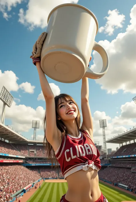 photorealistic,1girl\(smily,Looking up,full body,cheerleaders outfit\(Baseball glove on left hand, hands up,arms raised in air),stunding\), fly very large mug in the sky,stadium ground wide shot,Aerial Shot near by mug,masterpiece, best quality 