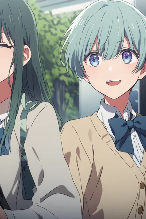 They look happy to find someone they like while commuting to school,Boyish high school girl