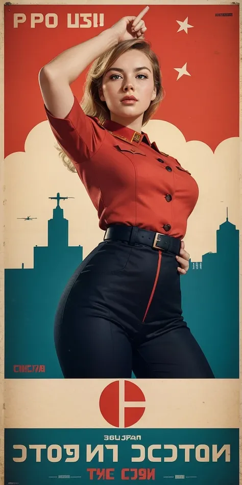 CCCP poster, soviet poster,   USSR flag in the background  , USSR poster, Soviet Union poster,  October Revolution  , ((CCCP poster,  Soviet poster )) (blond  a girl madura)  poster de propaganda , poster,   Soviet flag on the pole ,   blue sky with jet fi...