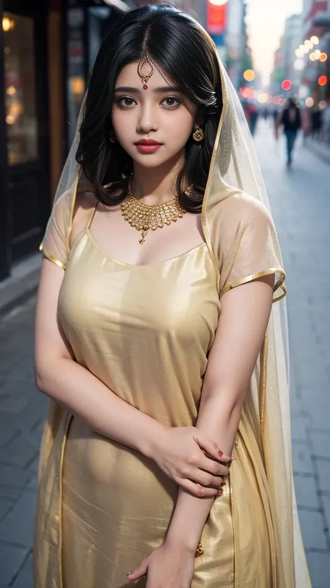 (((desi girl))), chubby face, natural skin, wearing hot deep neck top and dupatta, charming black hair, ((hair ends are blonde)), city streets background, bokeh