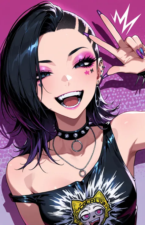 sfw,gyaru,cool beauty,2 punk_women,black hair,small breast, w,upper body, laughing,