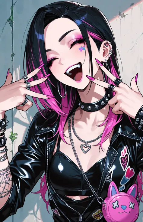 sfw,gyaru,cool beauty,2 punk_women,black hair,small breast, w,upper body, laughing,