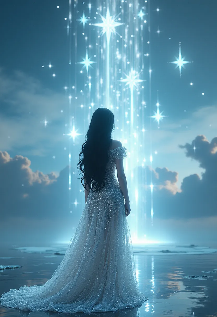  star crystals hanging in the clouds above a black long hair woman dressed in victorian designed crystsl and diamond dress, standing on an empty reflecting surface, a crystallised, very high detailed and clear image, providing a cinematic look like shot fr...