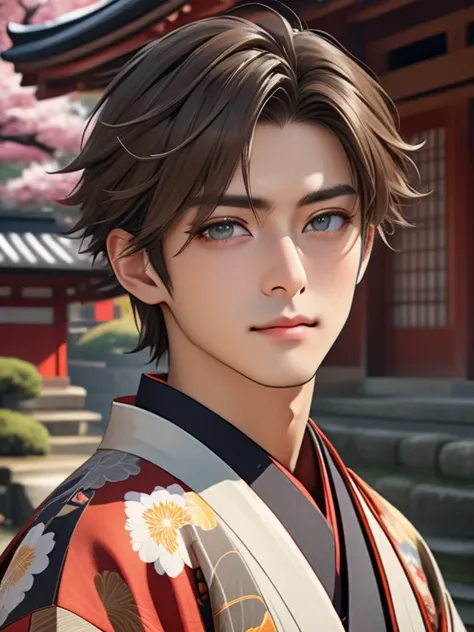 boy, handsome face, (face detail), brown hair, (hair detail), grey eyes, (ultra eye detail), traditional japanese clothing style, (clothes detail), (body detail), charming gaze, japanese temple background, (background detail), (make clear and good image), ...