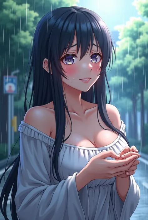  Bathing in the Rain　Long-haired dark-haired beautiful high school student with huge breasts　My face is wet and I feel the rain as if I'm crying while closing my eyes and looking up　 anime picture　手を受け皿の様に Bathing in the Rain　The background shines in clear...