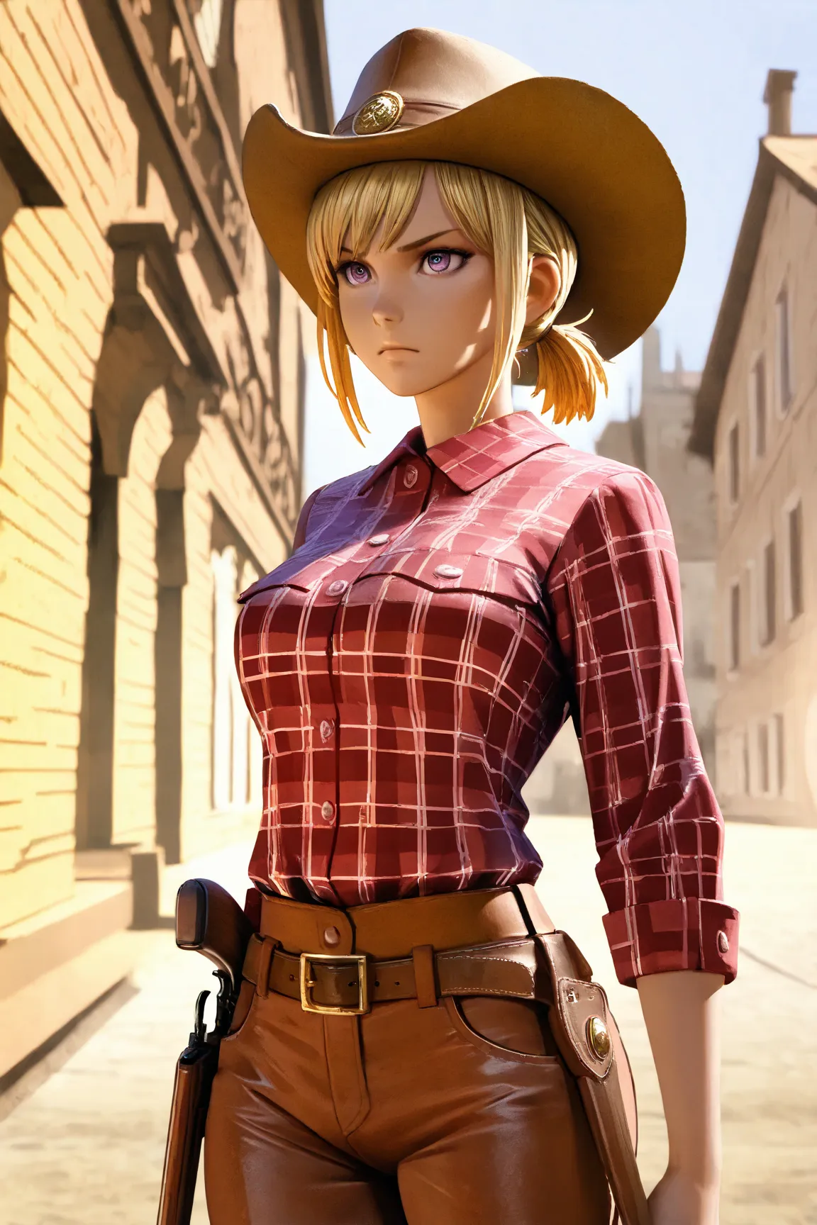 1 ,     alone,     Masterpiece,     fringe ,    ultra realistic, silky hair,    blonde hair ,  short ponytail , cowboy woman,  a black and red plaid cowboy blouse, cowboy pants ,  brown belt with gold buckle , Cawboy hat  ,  purple eyes,    medium breasts,...