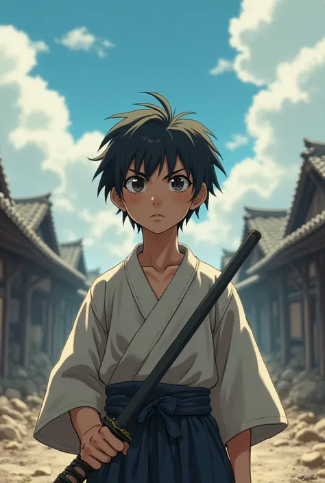 Young Japanese boy, of medium height, black hair, with a small sword tied at the waist, looking seriously at the sky, signs of determination and courage on his face, his ruined village in the background.
Realistik 