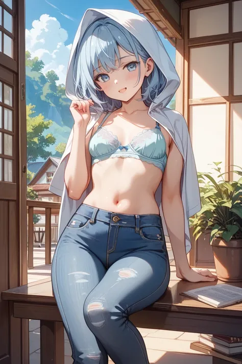  middle school girl、  、hood friend、 illustration style、 small breasts、 Read more、 、Short stature、 body low in fat、 light blue spobra that shows skin on the stomach and shoulders、 long jeans that go up to the foot、Thin arms、 Tight Stomach、Show off your stom...