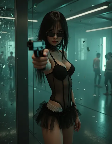 (Wide and (extremely low angle view)). Ryoji Ikeda Style, High quality 3D background in matrix style, ((dark virtual world with large scattered flying bullets and glass pieces, ((mirror wall reflection)))). (1 seductive girl, solo, alone), photorealistic, ...