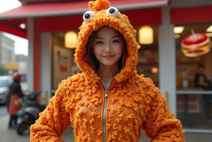 Spicy fried chicken costume worn by beautiful woman, beautiful face, in front of the fast food shop